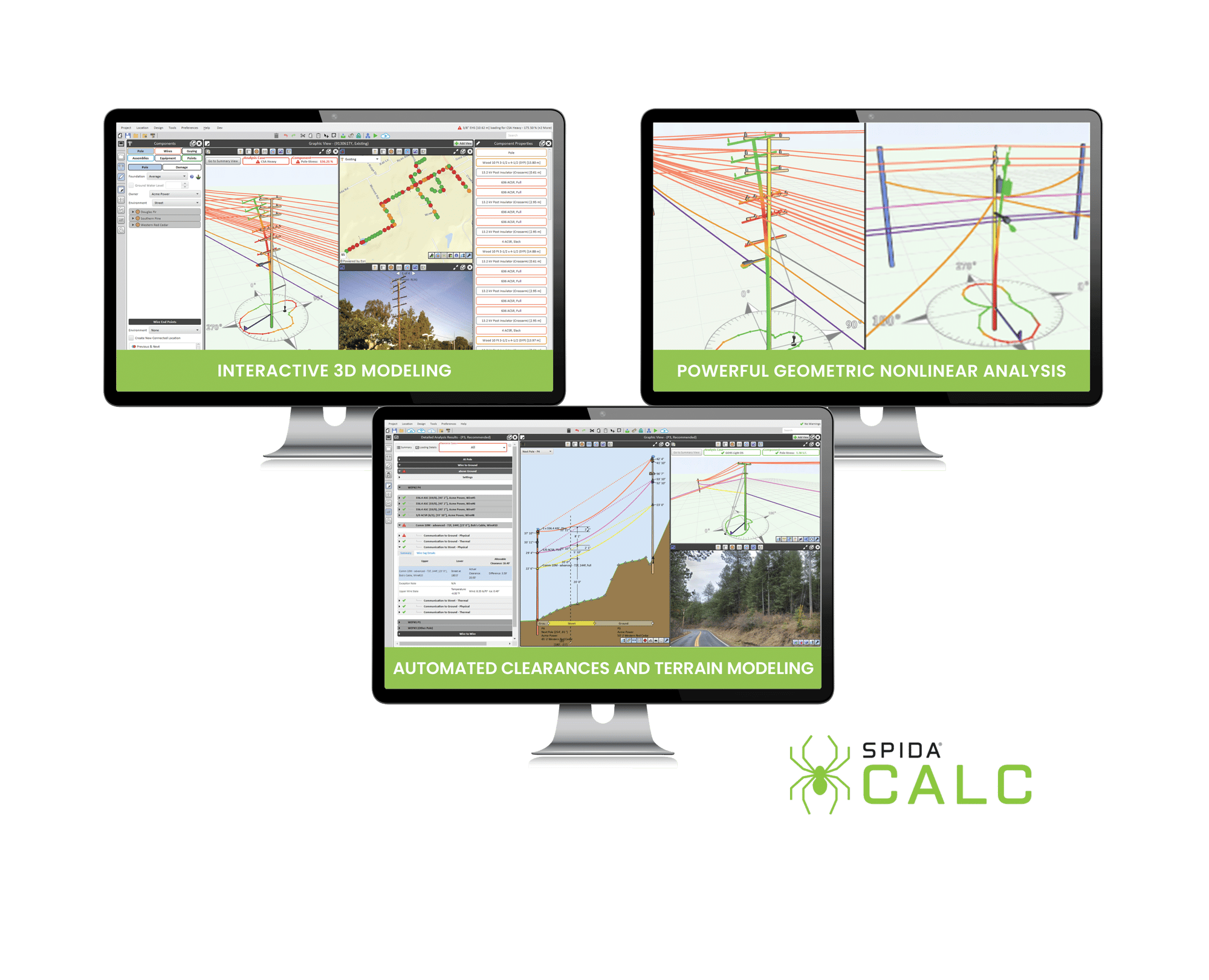 SPIDAcalc features interactive 3d modeling, powerful geometric nonlinear analysis,  automated clearances, and terrain modeling, 
